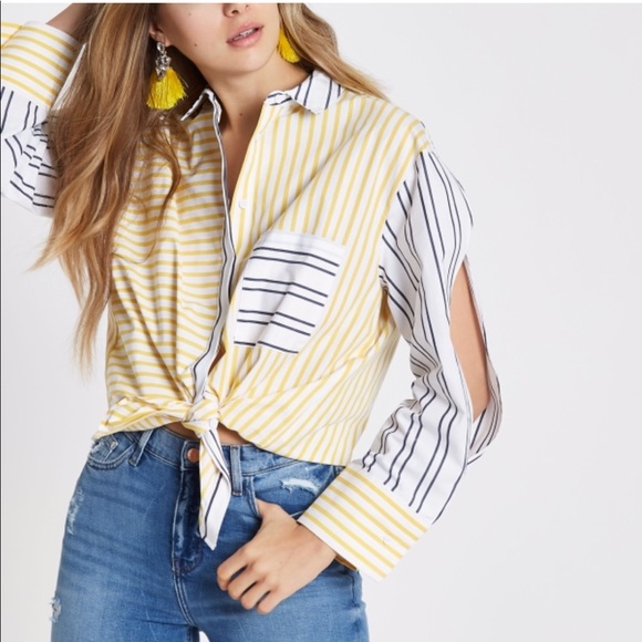 ♥︎BRAND NEW♥︎Yellow stripe split long sleeve shirt - Picture 4 of 5